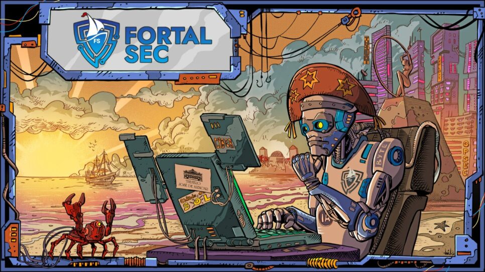 Ilustração do Fortalsec 2026 em Fortaleza com robô hacker, computadores, praia e cenário futurista representando a comunidade de cibersegurança.